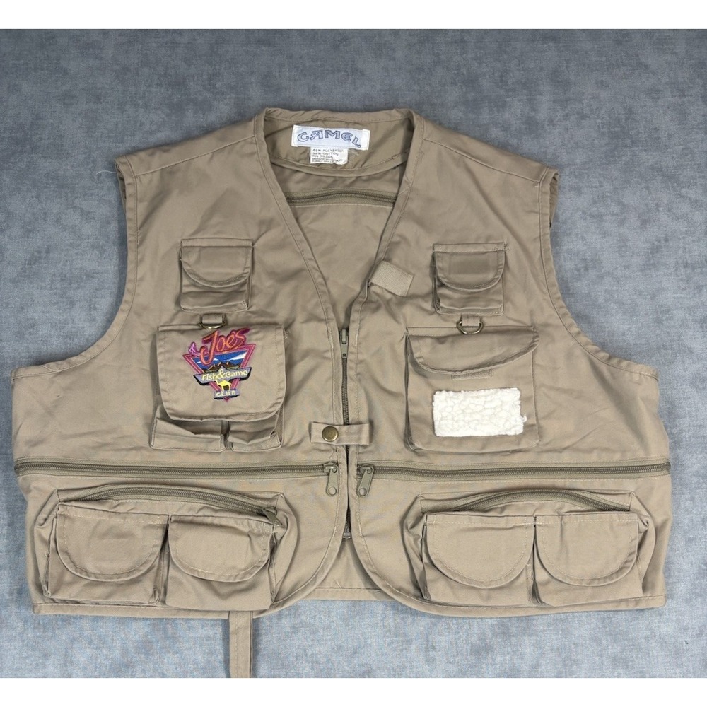 Vintage Camel Joe's Fish & Game Club Utility Fishing Vest Outdoor Hiking Khaki
